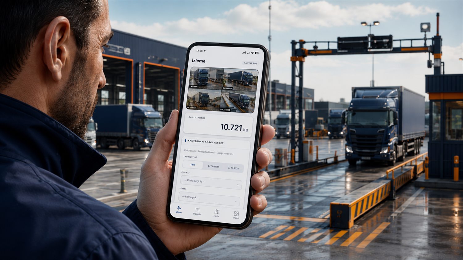 Yönetici sahada telefonla filoyu ve istasyonları canlı izliyor