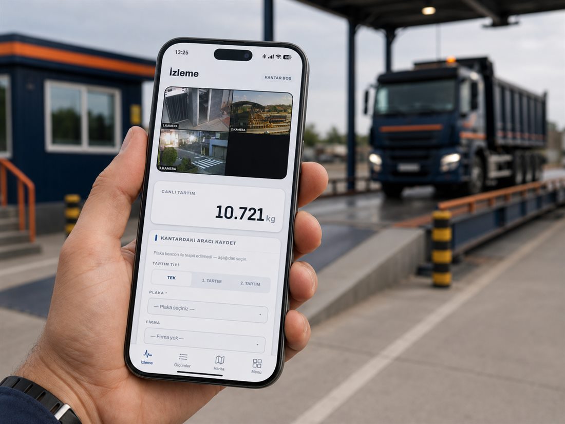 Elde telefonda DijitalKantar mobil uygulaması; arkada kantar ve araç