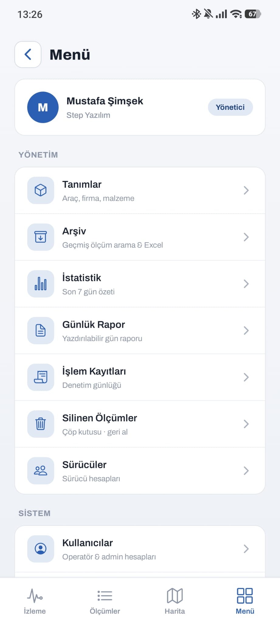 Mobil — yönetim menüsü