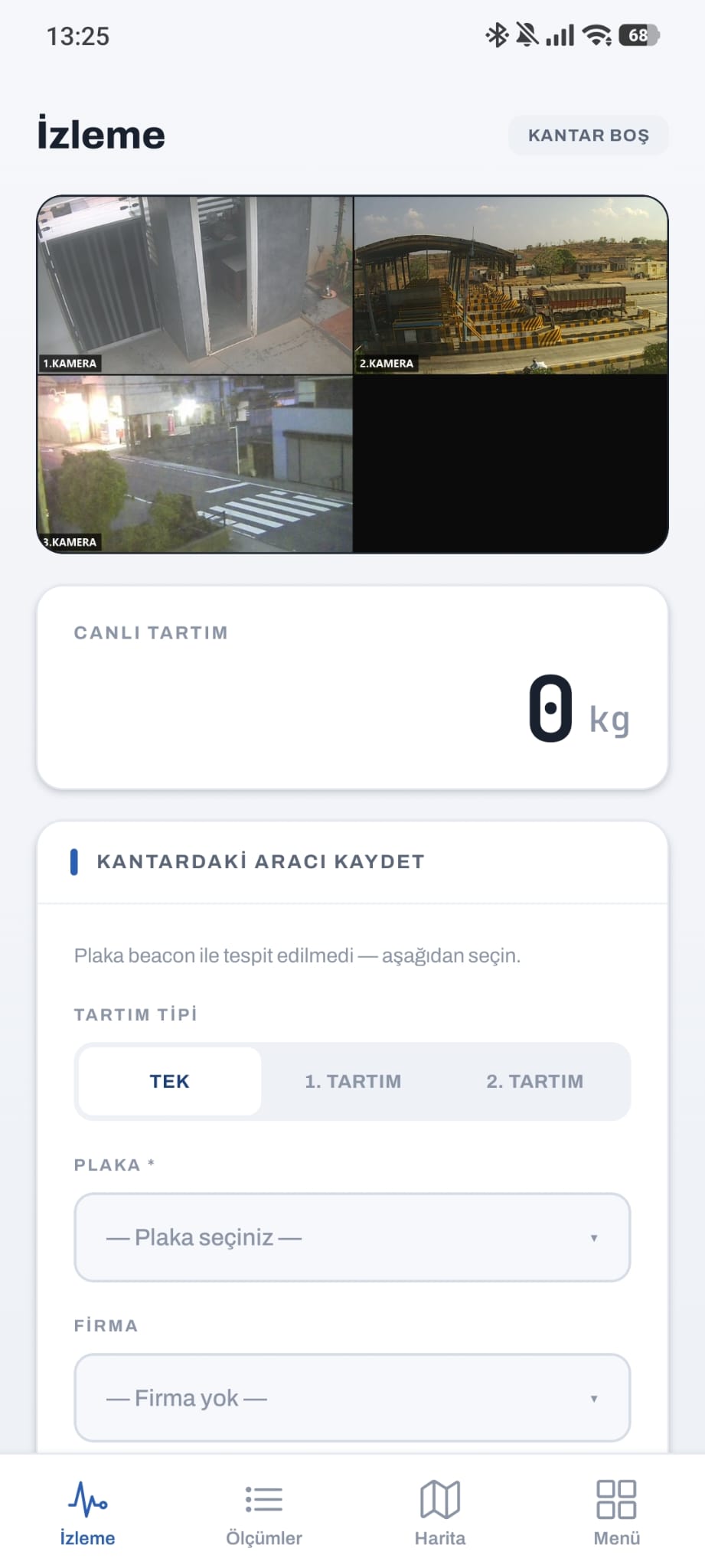 Mobil — canlı izleme: kameralar ve anlık tartım